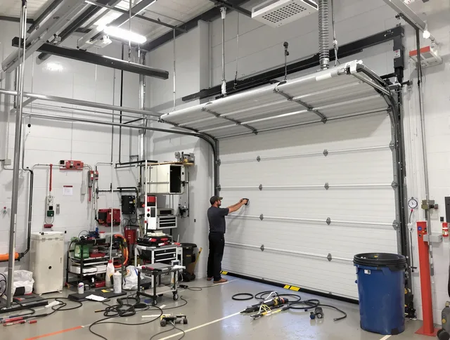Groton Garage Door Repair certified technician performing commercial door repair at a Groton business facility