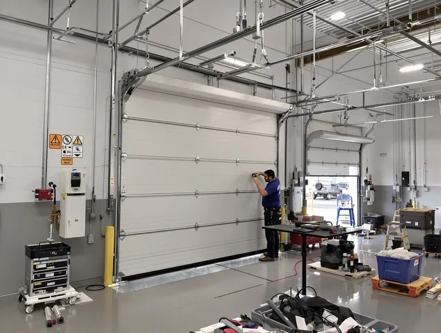 Commercial garage door repair being performed by Groton Garage Door Repair expert in Groton