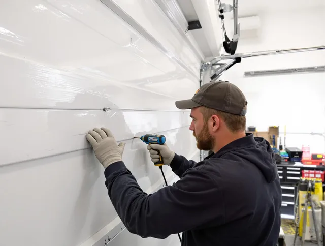 Groton Garage Door Repair technician demonstrating precision dent removal techniques on a Groton garage door